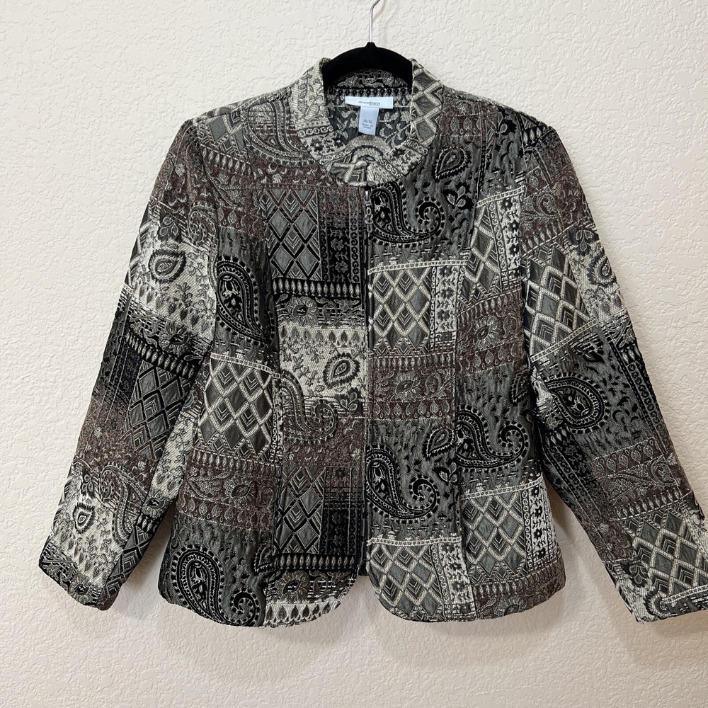 DressBarn Sz 1X (14/16) Tapestry Jacquard Zip Front Jacket Blazer Patchwork Boho